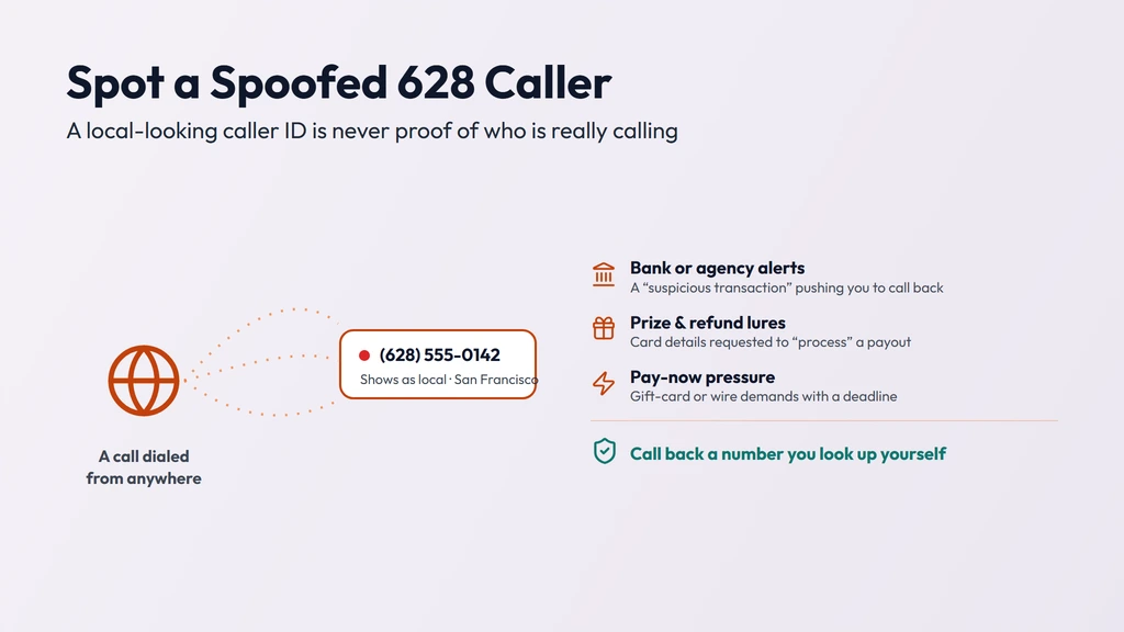 How a 628 caller ID gets spoofed — a call dialed from anywhere can show a familiar local 628 San Francisco number; verify unknown callers and never share details under pressure