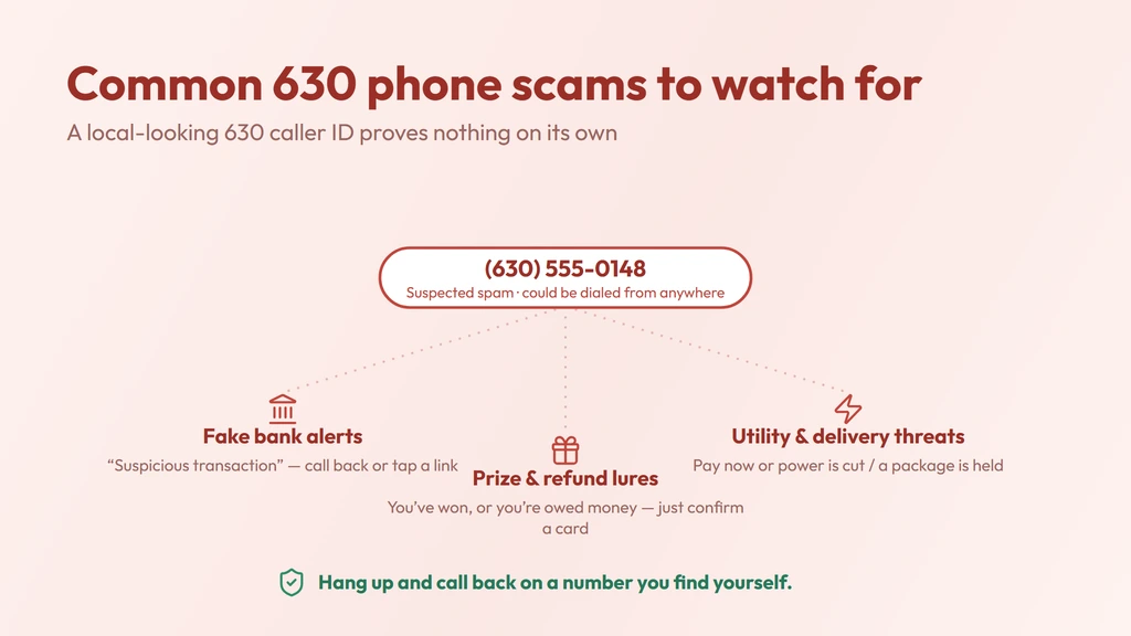 Common 630 scam red flags — a spoofed local caller ID with fake bank, prize and utility lures, and a reminder to hang up and call back