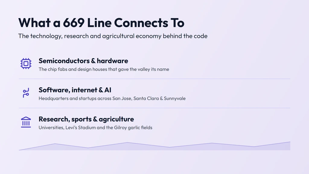 The 669 economy — semiconductors and hardware, the software, internet and AI headquarters across San Jose, Santa Clara and Sunnyvale, and research, sports and agriculture from universities to the Gilroy garlic fields