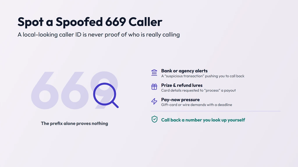 How a 669 caller ID gets spoofed — the 669 prefix alone proves nothing; a spoofed call can show a familiar local Silicon Valley number, so verify unknown callers and never share details under pressure