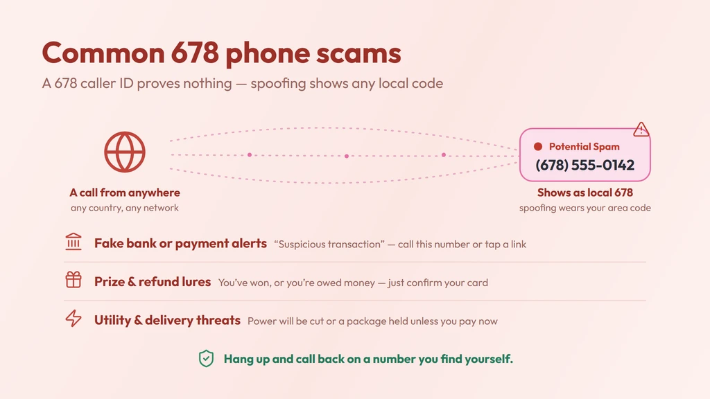 How a spoofed 678 call works — a call from anywhere shows up as a local 678 caller ID, plus spoofed bank, prize and utility threats