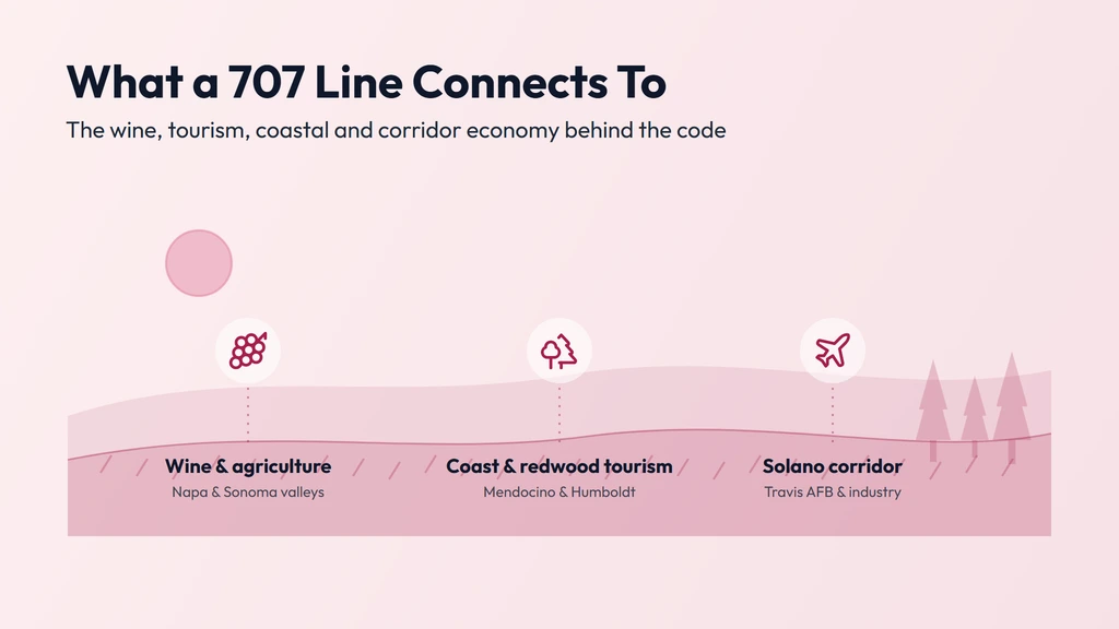 The 707 economy — the Napa and Sonoma wine country and its tourism, North Coast fishing and redwood-park tourism, Solano-corridor manufacturing and Travis Air Force Base, and Santa Rosa health care