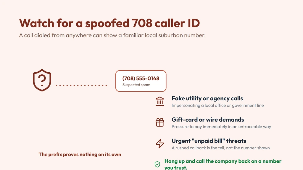 How a 708 caller ID gets spoofed — a call dialed from anywhere can show a familiar local suburban Chicago number; watch for urgent payment demands, gift-card requests and fake agency calls, and verify by calling the company back on a number you trust