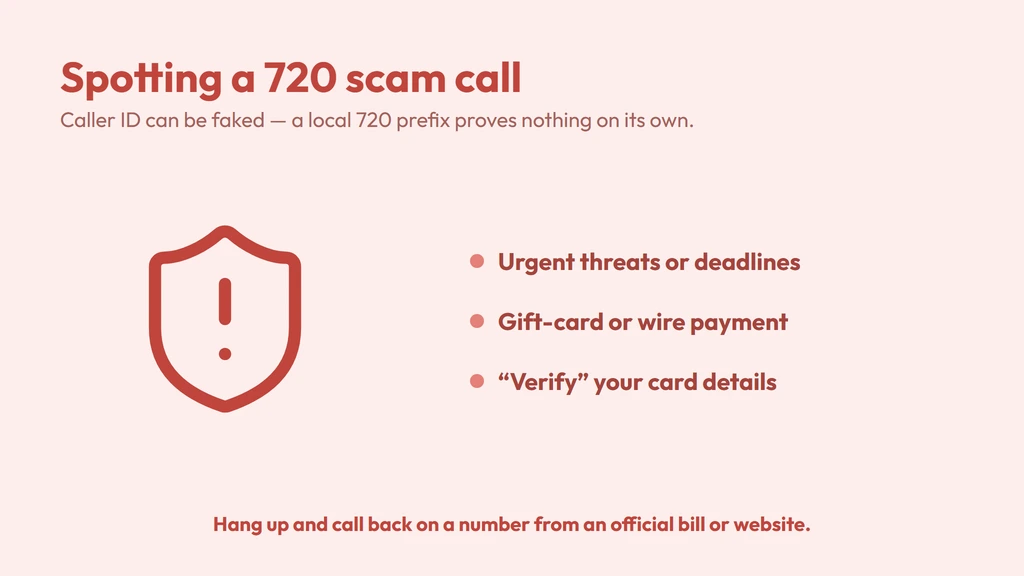 How a 720 scam call works — a spoofed local Denver number on a call screen and its red flags