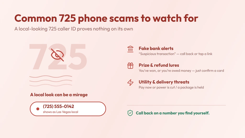 Common 725 scam red flags — a local-looking 725 caller ID that could be dialed from anywhere, with fake bank, prize and utility lures and a reminder to hang up and call back