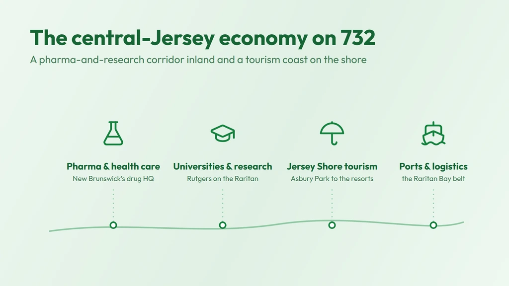 Central-Jersey economy on 732 — the New Brunswick pharmaceutical and Rutgers research corridor, Jersey Shore tourism, and the Raritan Bay ports and logistics belt