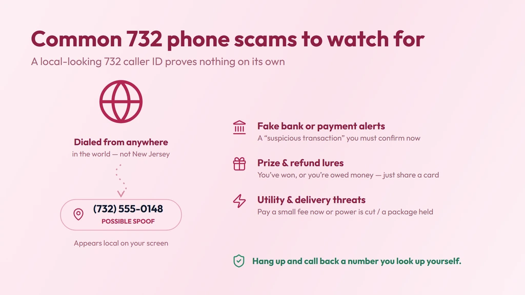 Common 732 scam warning — a spoofed 732 caller ID can be dialed from anywhere in the world yet appears local, alongside fake bank, prize and utility lures and a reminder to call back a number you look up yourself