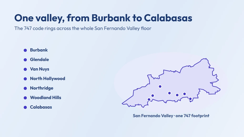 747 coverage — the San Fernando Valley of Los Angeles from Burbank and Glendale in the east through Van Nuys, North Hollywood, Sherman Oaks and Northridge to Woodland Hills, Calabasas and Hidden Hills in the west