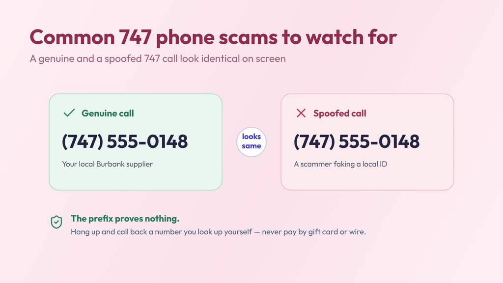 How a 747 caller ID gets spoofed — the 747 prefix alone proves nothing; a spoofed call can show a familiar local San Fernando Valley number, so verify unknown callers and never share details under pressure