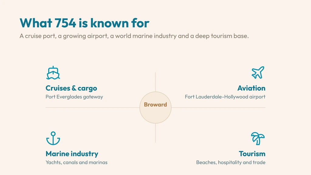 The 754 economy — Fort Lauderdale as a world yachting and marine-industry center of canals and marinas, Port Everglades as a top cruise and cargo gateway, Fort Lauderdale-Hollywood International Airport, and a dense base of tourism, hospitality and real-estate business across Broward
