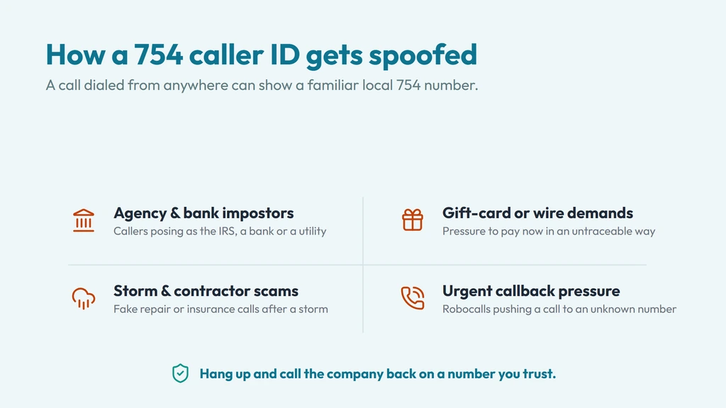 How a 754 caller ID gets spoofed — a call dialed from anywhere can show a familiar local 754 Fort Lauderdale number; watch for agency and bank impostors, gift-card or wire demands and storm-related contractor scams, and call the company back on a number you trust