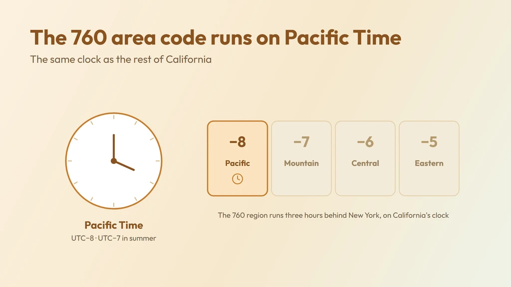 760 operates on Pacific Time — UTC minus 8 in winter and UTC minus 7 during Daylight Saving Time, the same clock as the rest of California, three hours behind New York