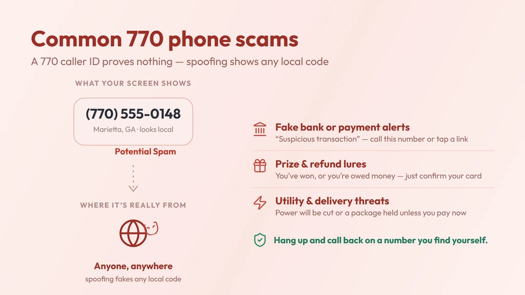 Common 770 scam red flags — a realistic spoofed call screen plus spoofed bank, prize and utility threats