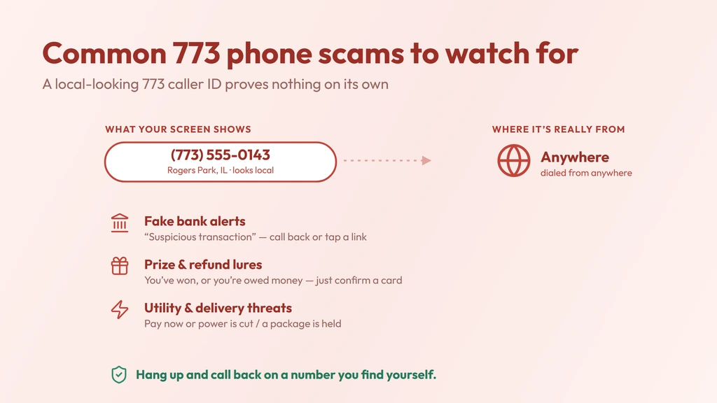 Common 773 scam red flags — a spoofed local caller ID that could be dialed from anywhere, with fake bank, prize and utility lures and a reminder to hang up and call back