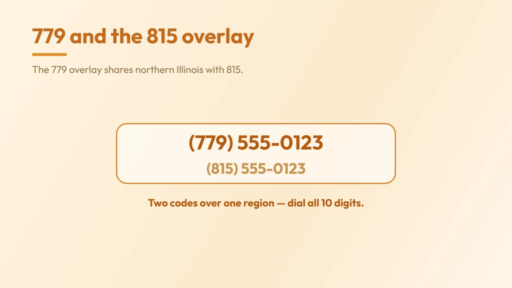 779 is an overlay laid over area code 815 in 2007, so two codes share one region and every local call is ten digits