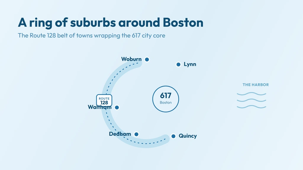 781 area code coverage — the ring of Boston suburbs along Route 128, from Lynn and Woburn in the north to Waltham in the west and Quincy on the South Shore