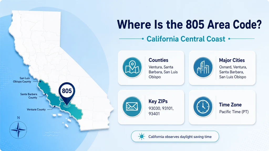 805 area code in Central California — Ventura County, Santa Barbara County, San Luis Obispo County with ZIP codes and Pacific Time Zone information