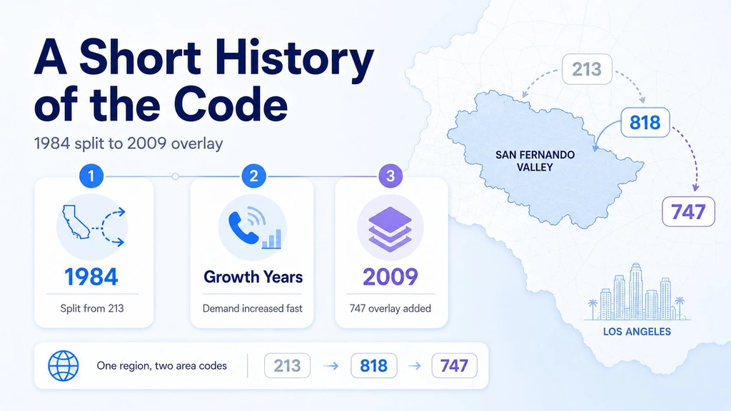818 area code history — 1984 split from 213, growth years, 747 overlay added in 2009; San Fernando Valley map