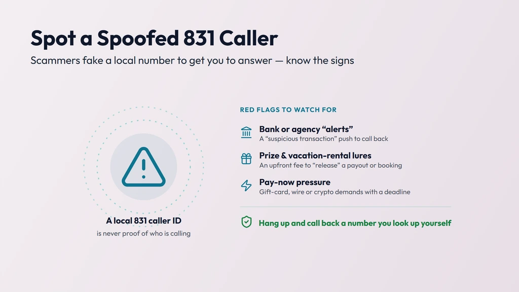 How an 831 caller ID gets spoofed — a call dialed from anywhere can show a familiar local 831 Monterey or Santa Cruz number; verify unknown callers independently and never share details under pressure