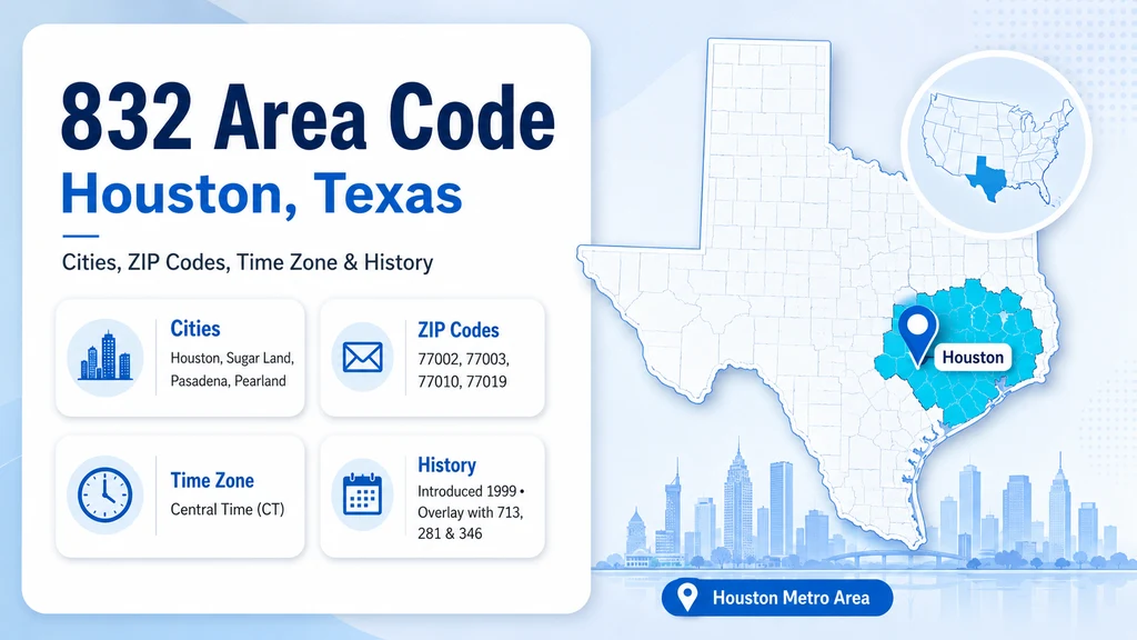832 Area Code: Houston, Texas — Cities, ZIP Codes, Time Zone & History banner