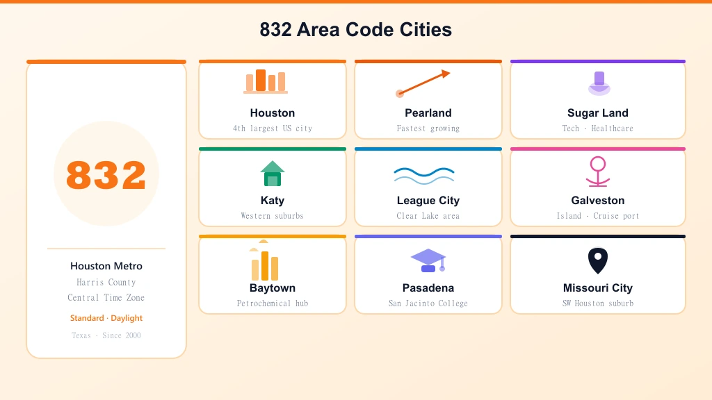 832 area code Houston metro cities — Houston, Pearland, Sugar Land, Katy, League City, Galveston, Baytown, Pasadena, Missouri City