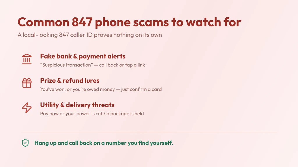 Common 847 scam red flags — a realistic spoofed local call screen with fake bank, prize and utility lures, and a reminder to hang up and call back