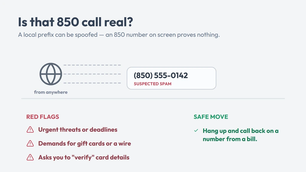 Common 850 scam red flags — a realistic spoofed call screen plus spoofed bank, prize and utility threats