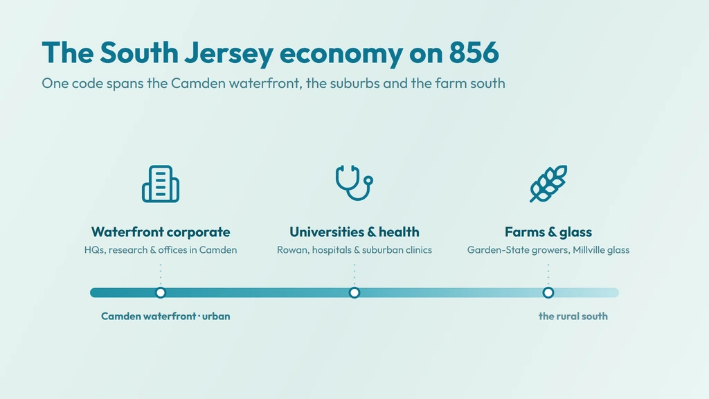 The South Jersey economy on 856 spans the Camden waterfront corporate district, Rowan University and suburban health care, and the farms and glassmaking of the rural south