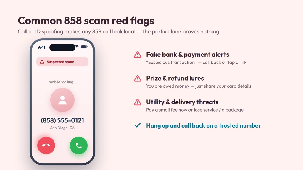 Common 858 scam red flags — a realistic spoofed call screen plus spoofed bank, prize and utility threats