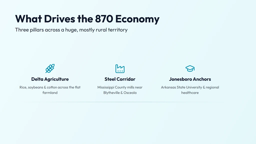 The 870 economy — Arkansas Delta rice and soybean agriculture, the Mississippi County steel corridor near Blytheville, and Jonesboro healthcare and university anchors