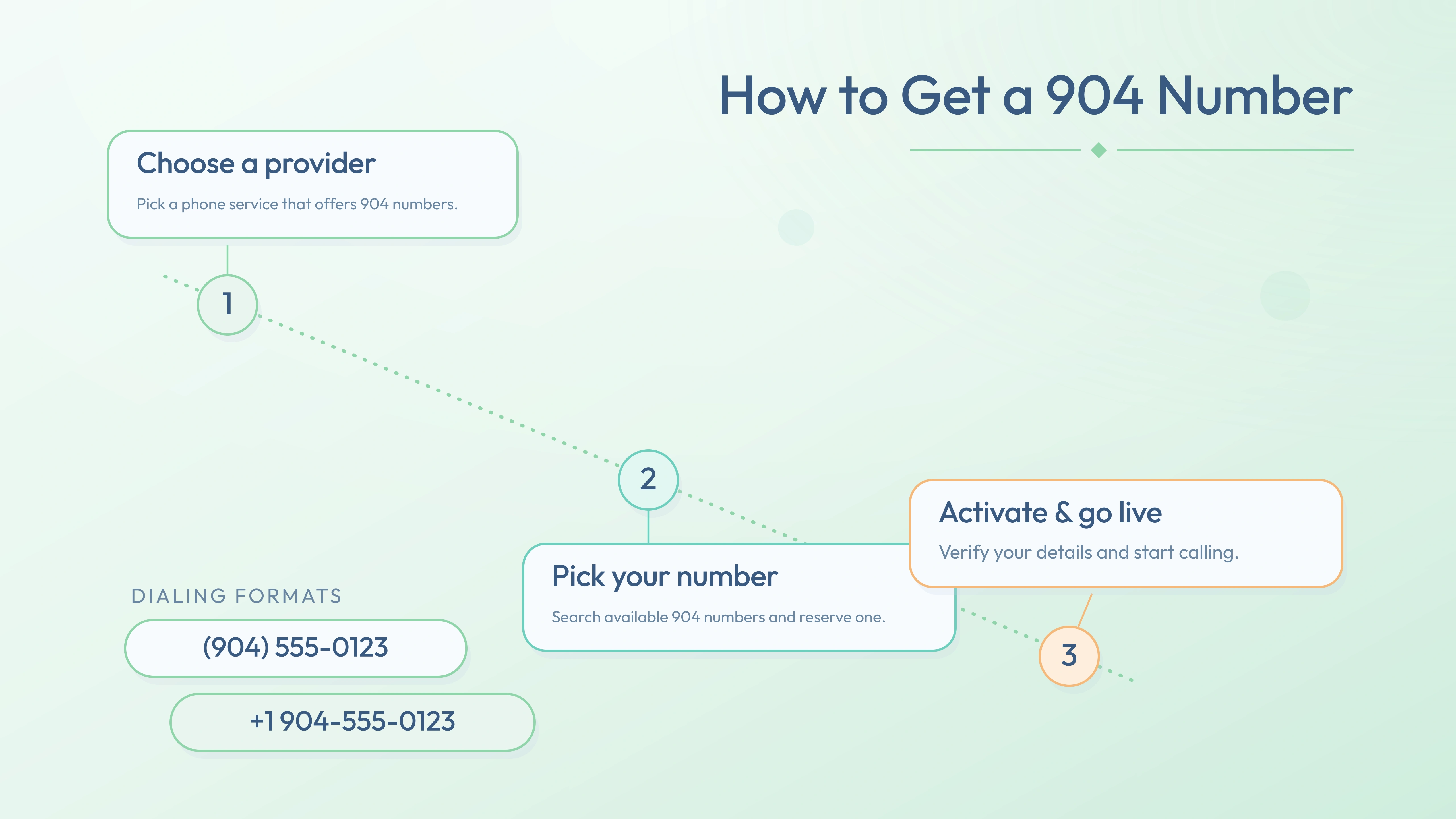 Three steps to activate a 904 number — choose provider, pick number, go live