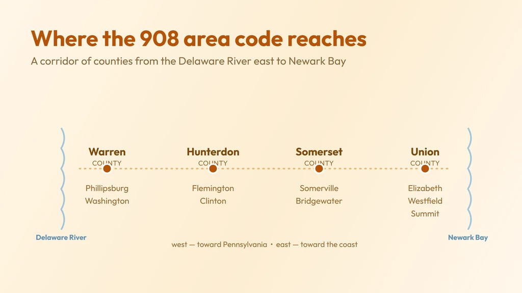 908 area code coverage — a corridor across north-central and western New Jersey, from Elizabeth and Union County near the coast out through Somerset and Hunterdon to Warren on the Delaware