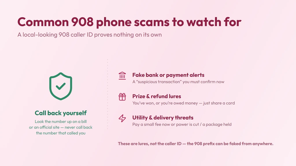 Common 908 scam red flags — a spoofed local caller ID that could be dialed from anywhere, with fake bank, prize and utility lures and a reminder to hang up and call back