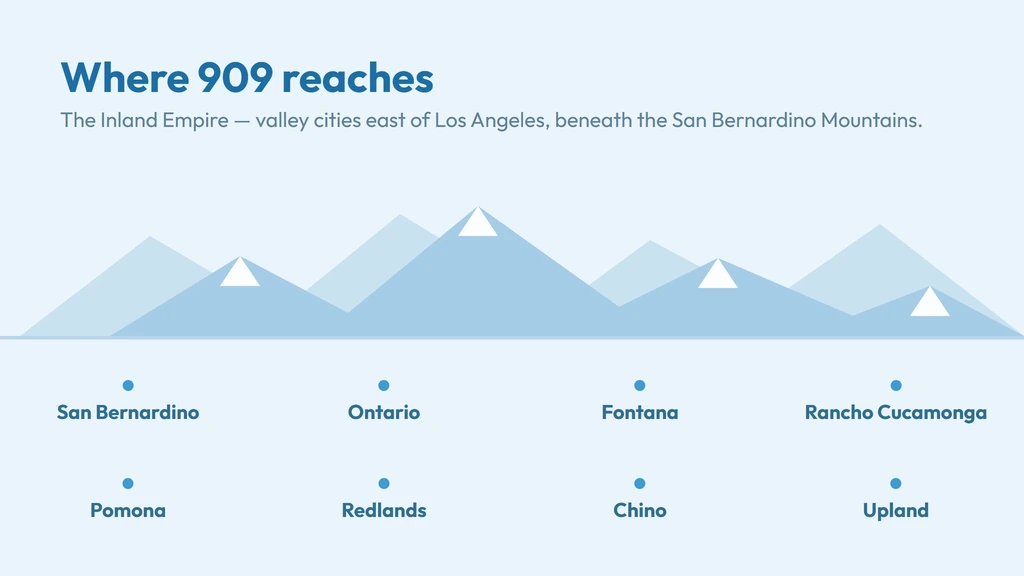 909 area code coverage — Inland Empire valley cities from Pomona east to San Bernardino and up to Big Bear