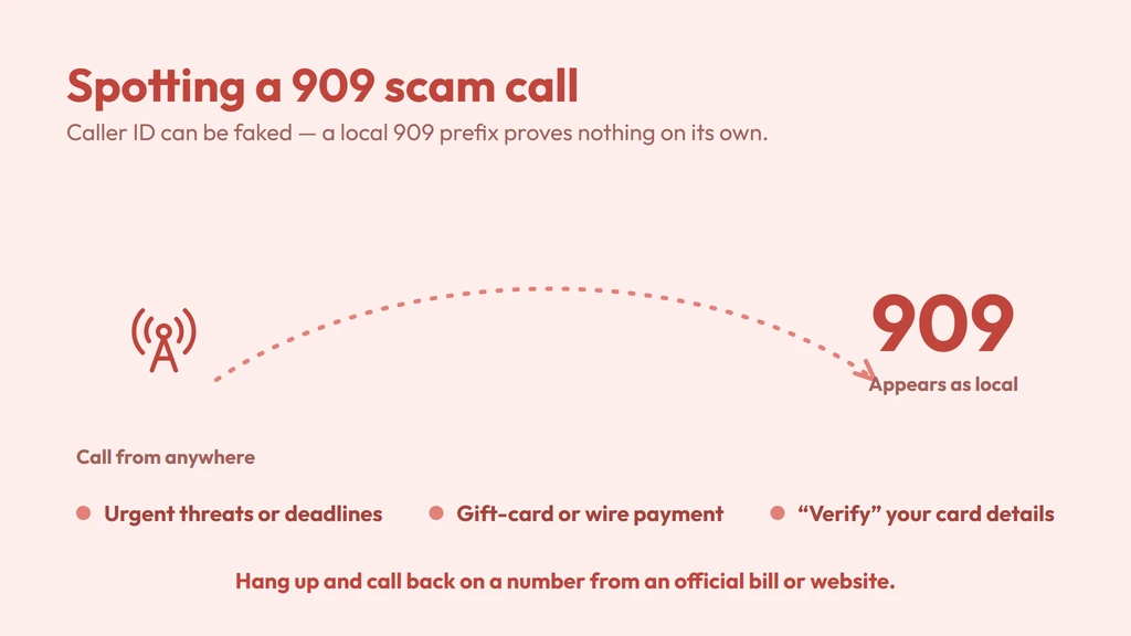 What to do about a 909 scam call — pause, hang up, call back on an official number