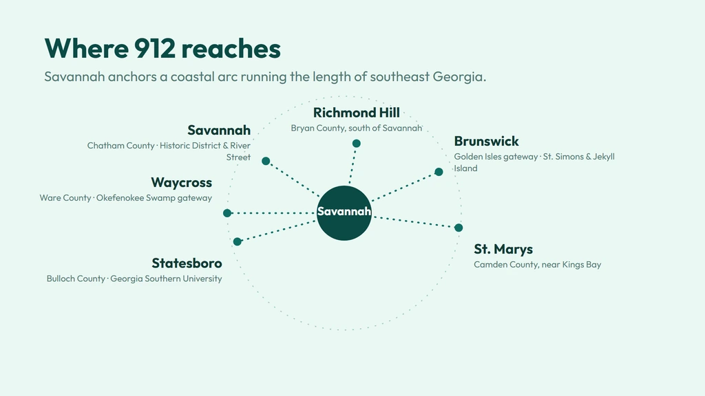 912 coverage across coastal and southeastern Georgia — Savannah and Chatham County, Richmond Hill, Brunswick and the Golden Isles, St. Marys and Kingsland near Kings Bay, and inland Statesboro, Hinesville, Vidalia and Waycross