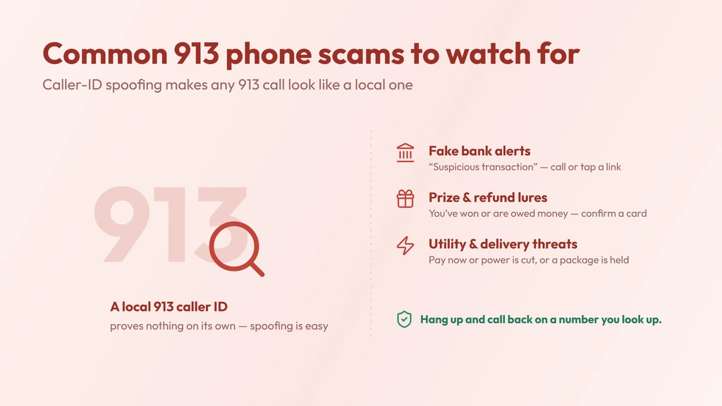 Common 913 scam red flags — a spoofed local caller ID proves nothing, with fake bank, prize and utility lures and a reminder to hang up and call back