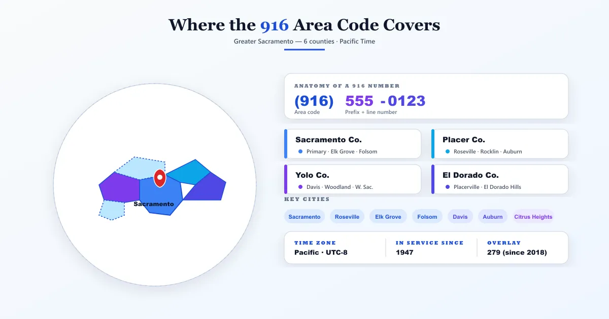 Where the 916 area code covers — Sacramento, Placer, Yolo and El Dorado counties; key cities and 279 overlay