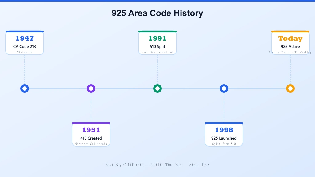 925 area code history timeline — 1947 to 1998 California area code splits