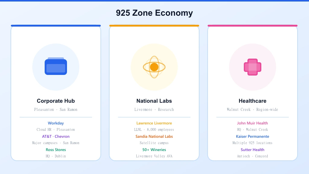 925 area code economy — corporate hub Pleasanton, national labs Livermore, healthcare Walnut Creek