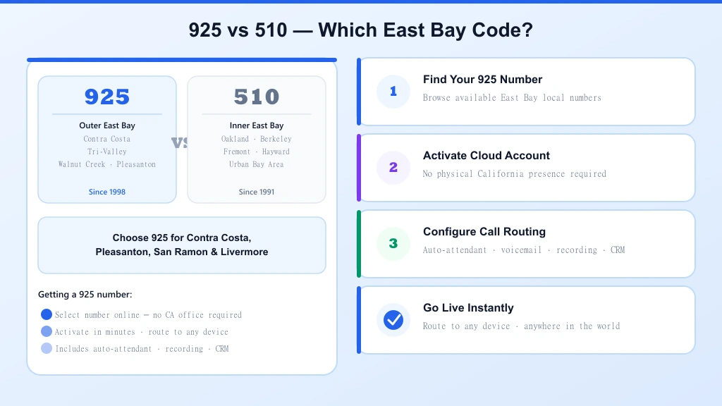 925 vs 510 East Bay comparison and 4-step guide to getting a 925 virtual number