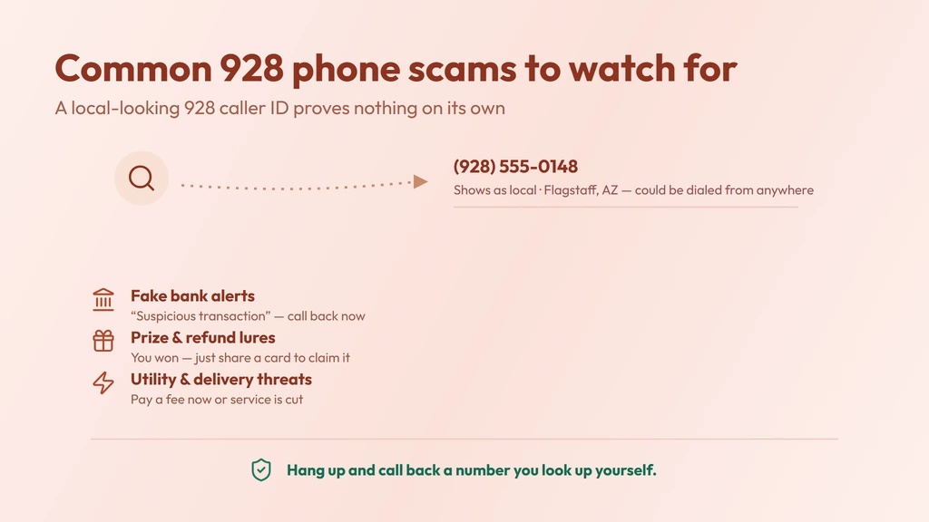 How a 928 caller ID gets spoofed — a call dialed from anywhere can show a familiar local 928 Flagstaff number; verify unknown callers and never share details under pressure