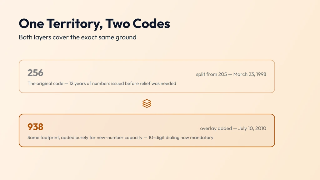 938 is an overlay layered on top of 256's exact territory — 256 in service since 1998, 938 added July 10, 2010, both covering the same streets with mandatory ten-digit dialing