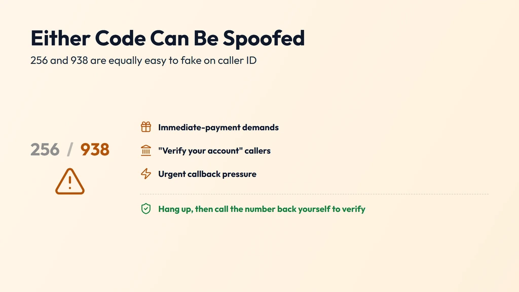 Both 256 and 938 caller IDs can be spoofed equally — immediate-payment demands, fake account-verification callers and urgent callback pressure are common red flags; verify before trusting either code