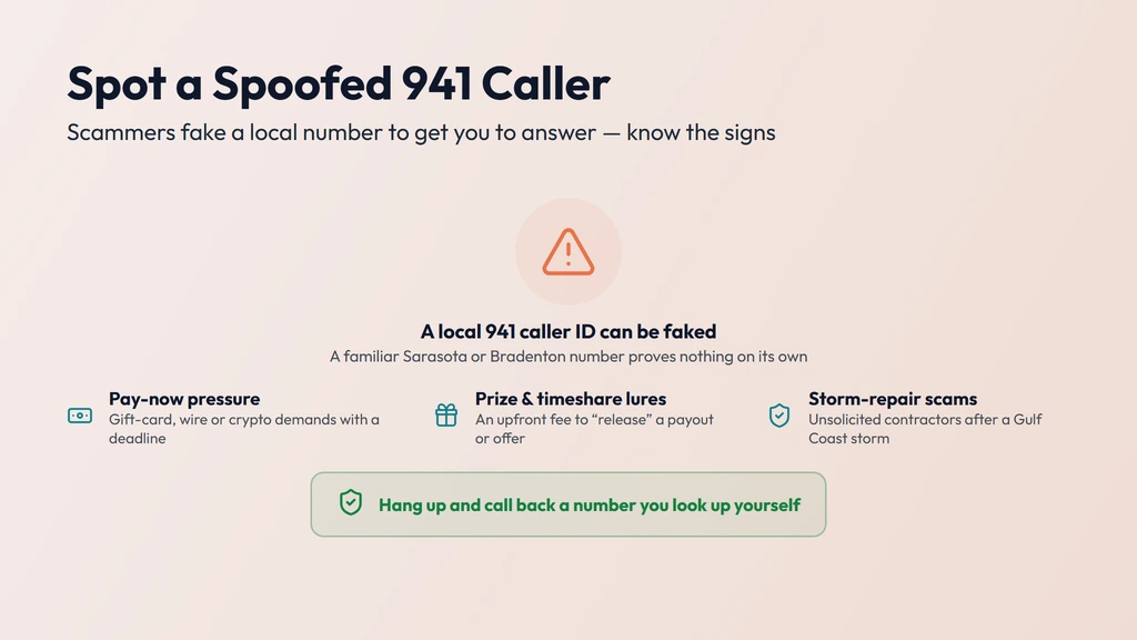 How a 941 caller ID gets spoofed — a call dialed from anywhere can show a familiar local 941 Sarasota, Bradenton or Punta Gorda number; watch for agency and bank impostors, gift-card or wire demands and upfront-fee prize scams, and call the company back on a number you trust