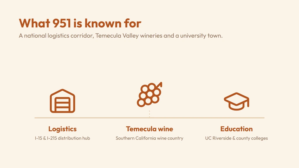 The 951 economy — Interstate 15 and 215 logistics and distribution, Temecula Valley wineries and tourism, Riverside County citrus and agriculture, and University of California Riverside education and healthcare