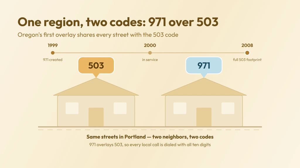 971 and 503 as two codes on the same northwest-Oregon street — the overlay shares identical ground, with ten-digit dialing