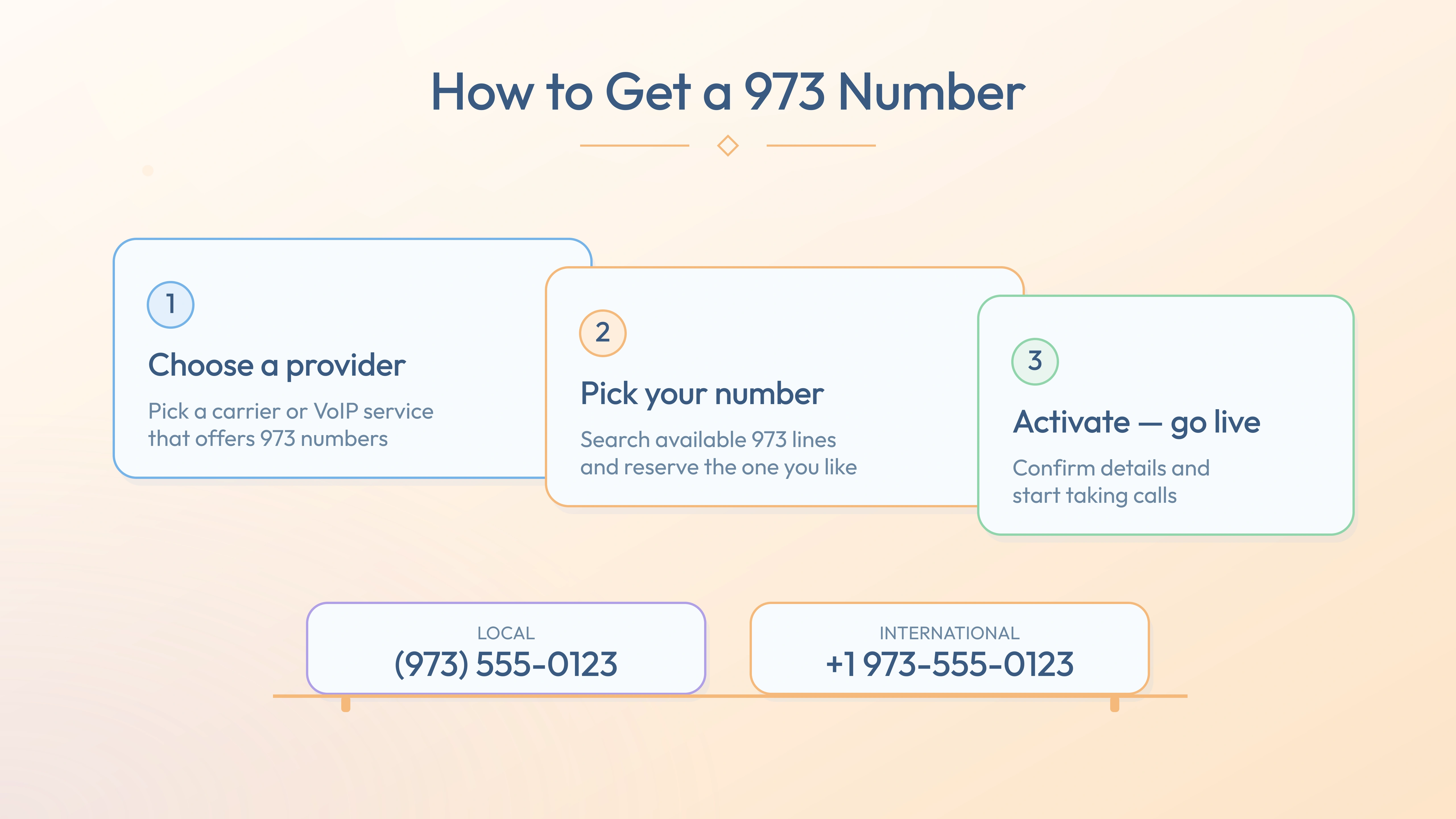 Three steps to activate a 973 number — choose provider, pick number, go live