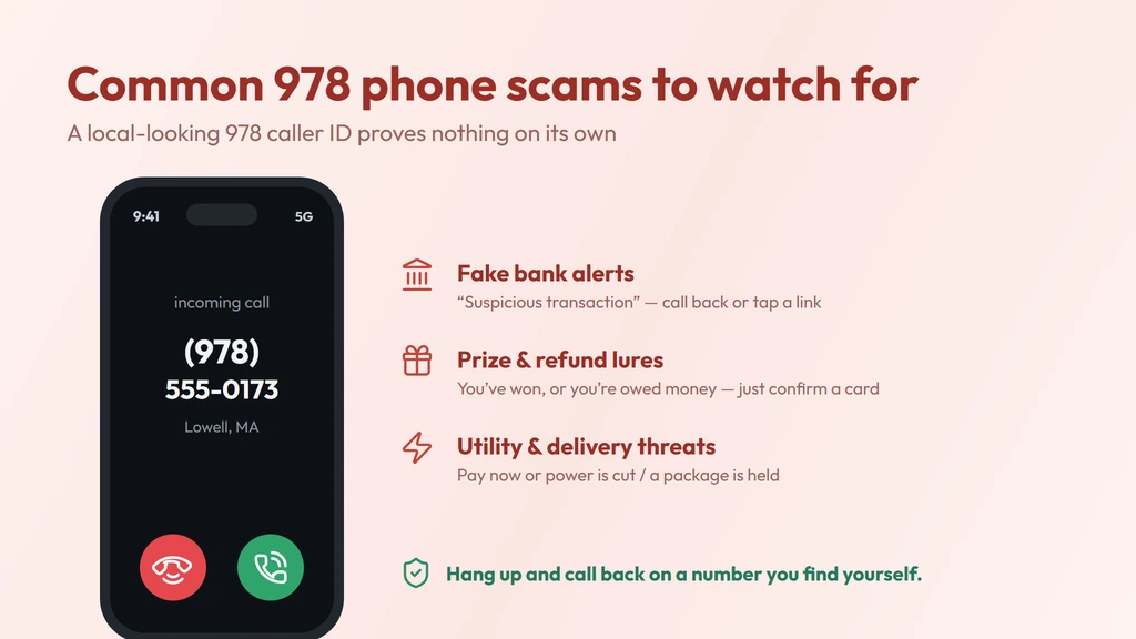 Common 978 scam red flags — a spoofed local caller ID that could be dialed from anywhere, with fake bank, prize and utility lures and a reminder to hang up and call back