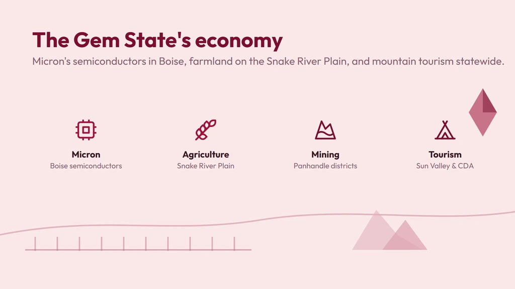 The Idaho economy behind 986 — Micron Technology's semiconductor headquarters in Boise, potato, wheat and dairy agriculture across the Snake River Plain, historic mining districts, and tourism at Sun Valley and Coeur d'Alene